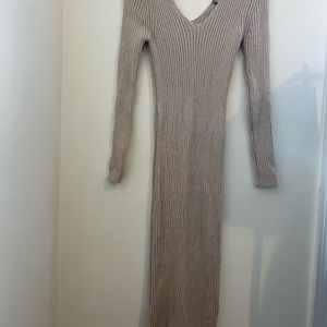 Beige Ribbed Long Sleeve Midi Dress
